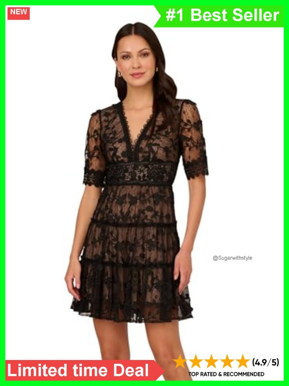Lace Embroidery A-Line Dress V-Neck Empire Waist Sheer Sleeves